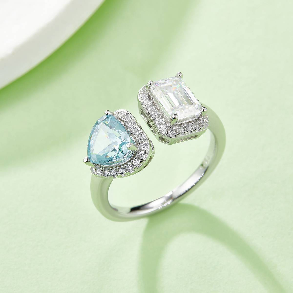 Heart Ice Flower Cut AND Rectangular Moissanite 925 Silver Plated Platinum Women's Ring 1 Carat D-Class